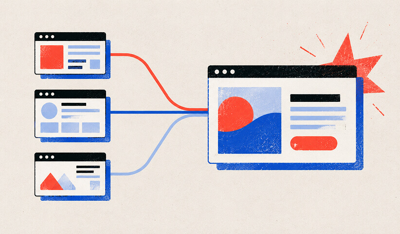 Multiple web pages feeding into a primary optimized landing page, representing content consolidation and stronger search performance.