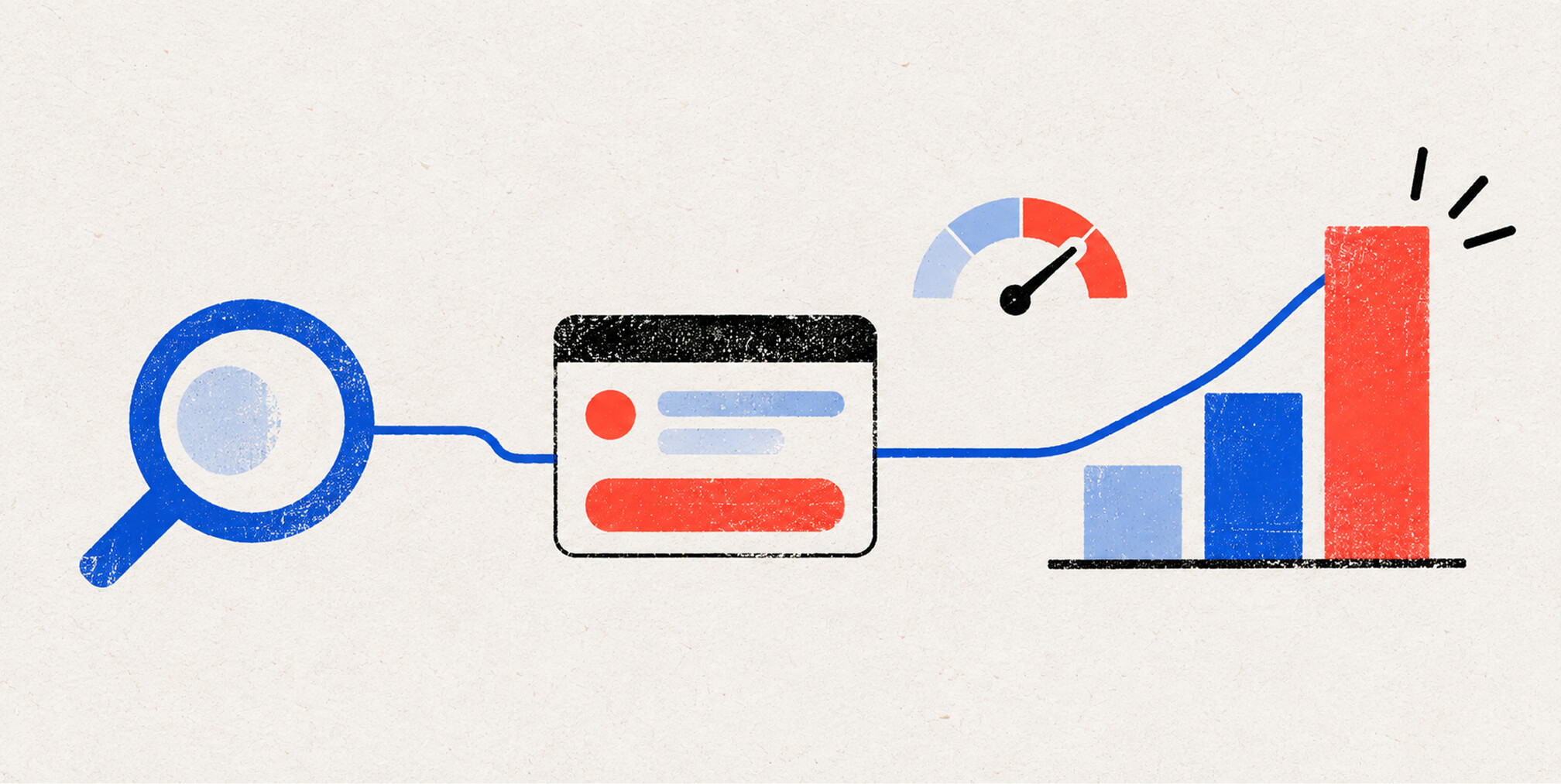 Search icon connected to a web result and rising performance chart, representing how search visibility can translate into SaaS growth.