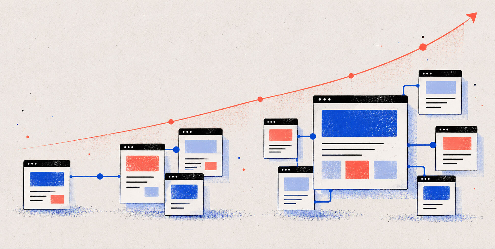 Expanding network of interconnected web pages beneath an upward growth curve, representing scalable SaaS SEO and increasing organic performance.