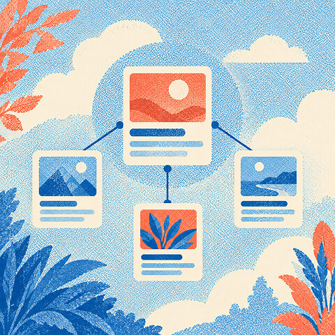 Connected content cards arranged around a central asset, representing coordinated paid media campaigns across multiple channels.