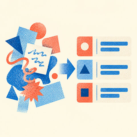 Disorganized creative elements transforming into structured content blocks, representing the process of building an organized paid media strategy.