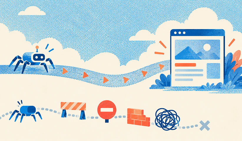 Automated crawler moving toward a webpage while another path encounters barriers, representing effective and ineffective digital campaign pathways.