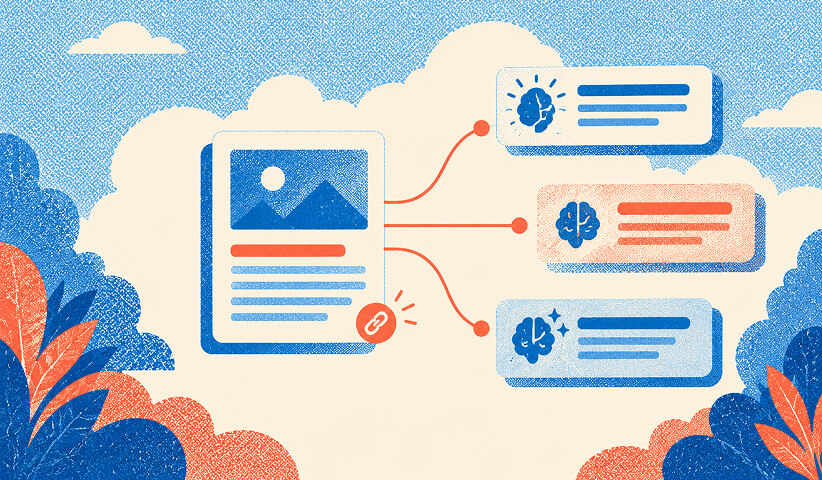 Central content asset connected to multiple idea cards, representing campaign messaging and creative variations within a paid media strategy.