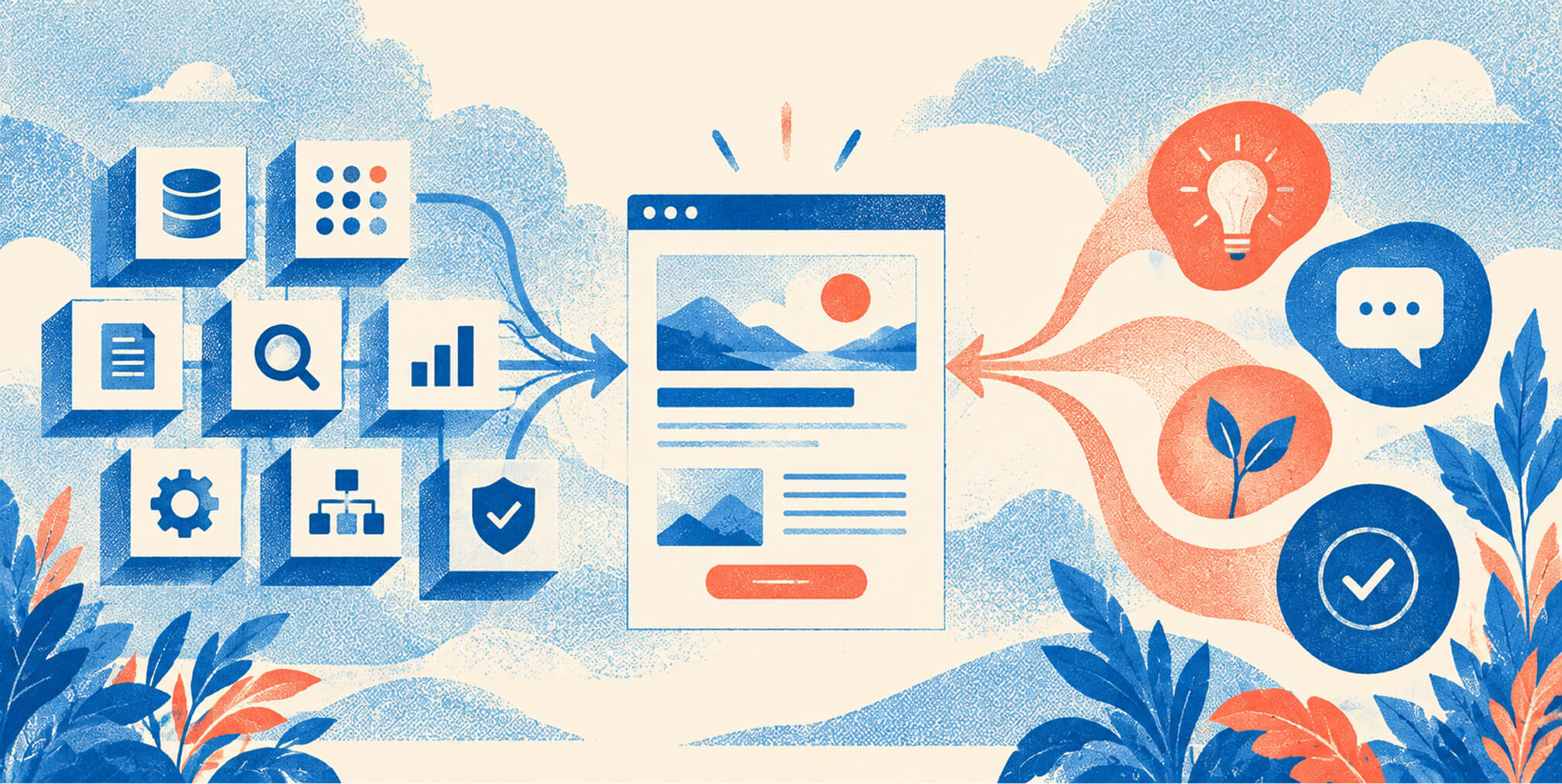 Data, search, analytics, and technical inputs converging with creative insights around a central webpage, representing an integrated paid media strategy.