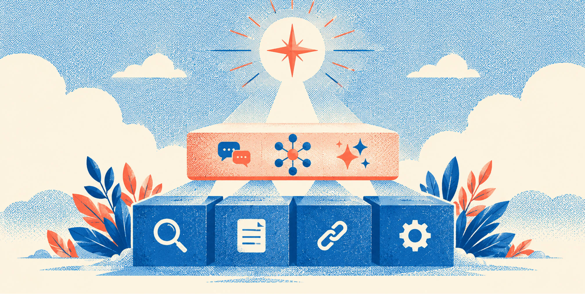 Search, content, link, and optimization blocks supporting a central strategy layer, representing the foundations of scalable digital marketing performance.
