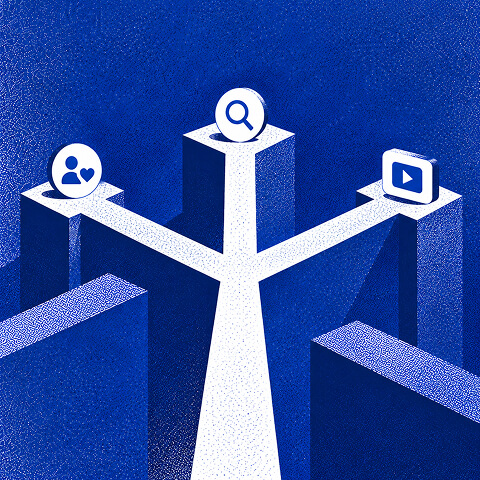 Branching pathways connecting audience, search, and video icons, representing the selection of paid media channels for a campaign strategy.