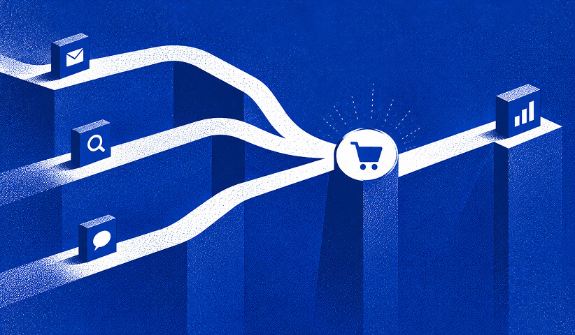 Email, search, and social media pathways converging at an ecommerce icon before leading to a growth chart, representing a multichannel paid media funnel.
