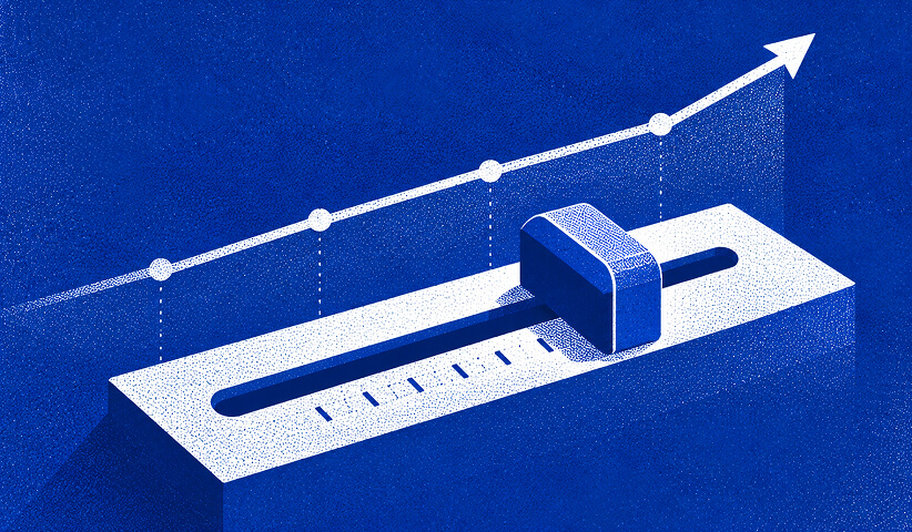 Adjustable slider beneath a rising performance line, representing paid media budget optimization and scalable campaign growth.