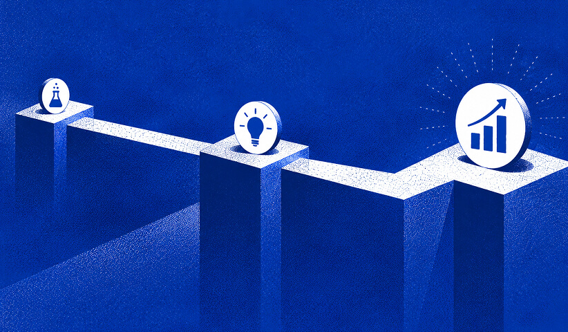 Experimentation and creative ideas progressing along a pathway toward an upward growth chart, representing testing and optimization in paid media campaigns.