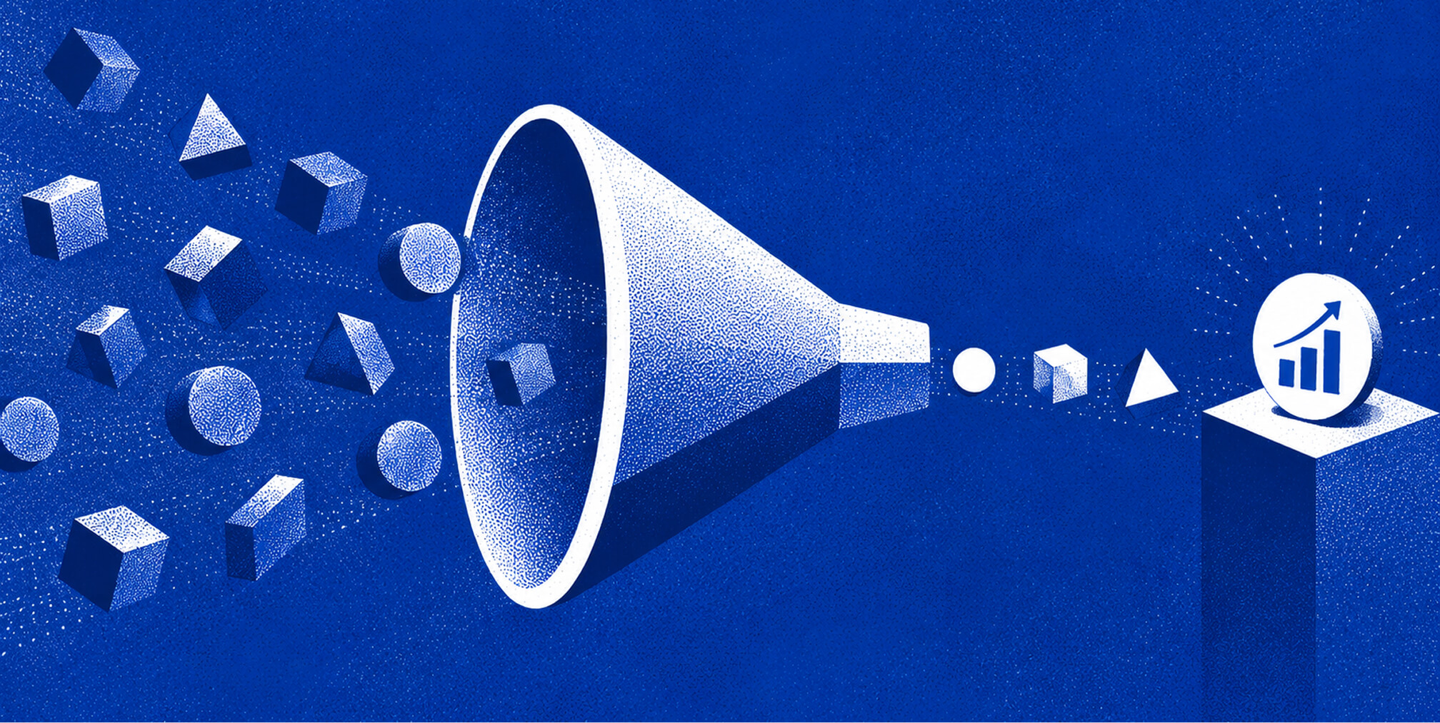 Scattered geometric elements passing through a funnel and emerging as an organized path toward a growth chart, representing paid media optimization turning complex inputs into measurable results.