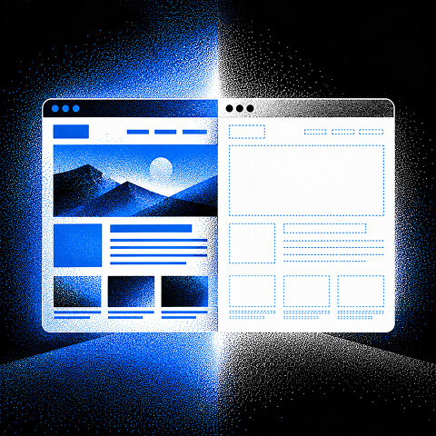 Finished website interface beside a wireframe layout, representing technical website structure, development, and SEO optimization.