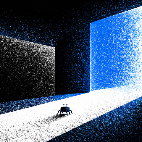 Small web crawler moving along an illuminated path toward a bright opening, representing search engine crawling and website discoverability.