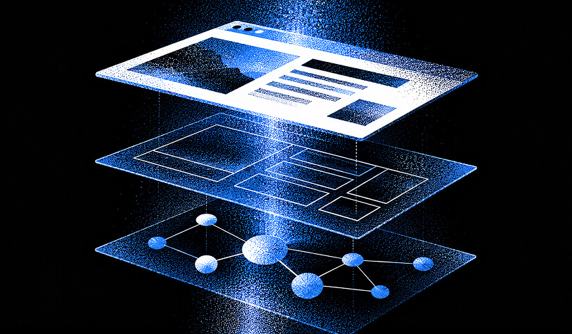 Exploded layers showing a webpage, wireframe structure, and connected data network, representing the technical architecture behind an optimized website.
