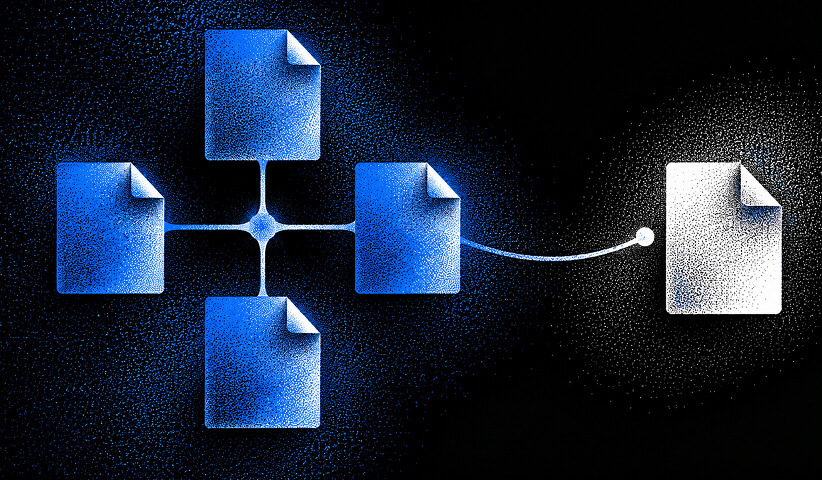 Multiple digital documents connected and consolidated into a single document, representing canonicalization and duplicate content management in technical SEO.
