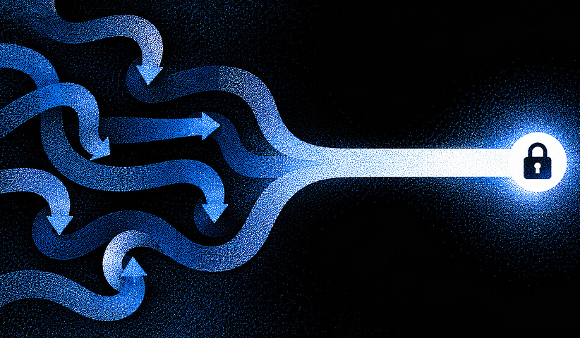 Multiple winding paths converging into a single illuminated route ending with a lock icon, representing secure and consistent URL structure.