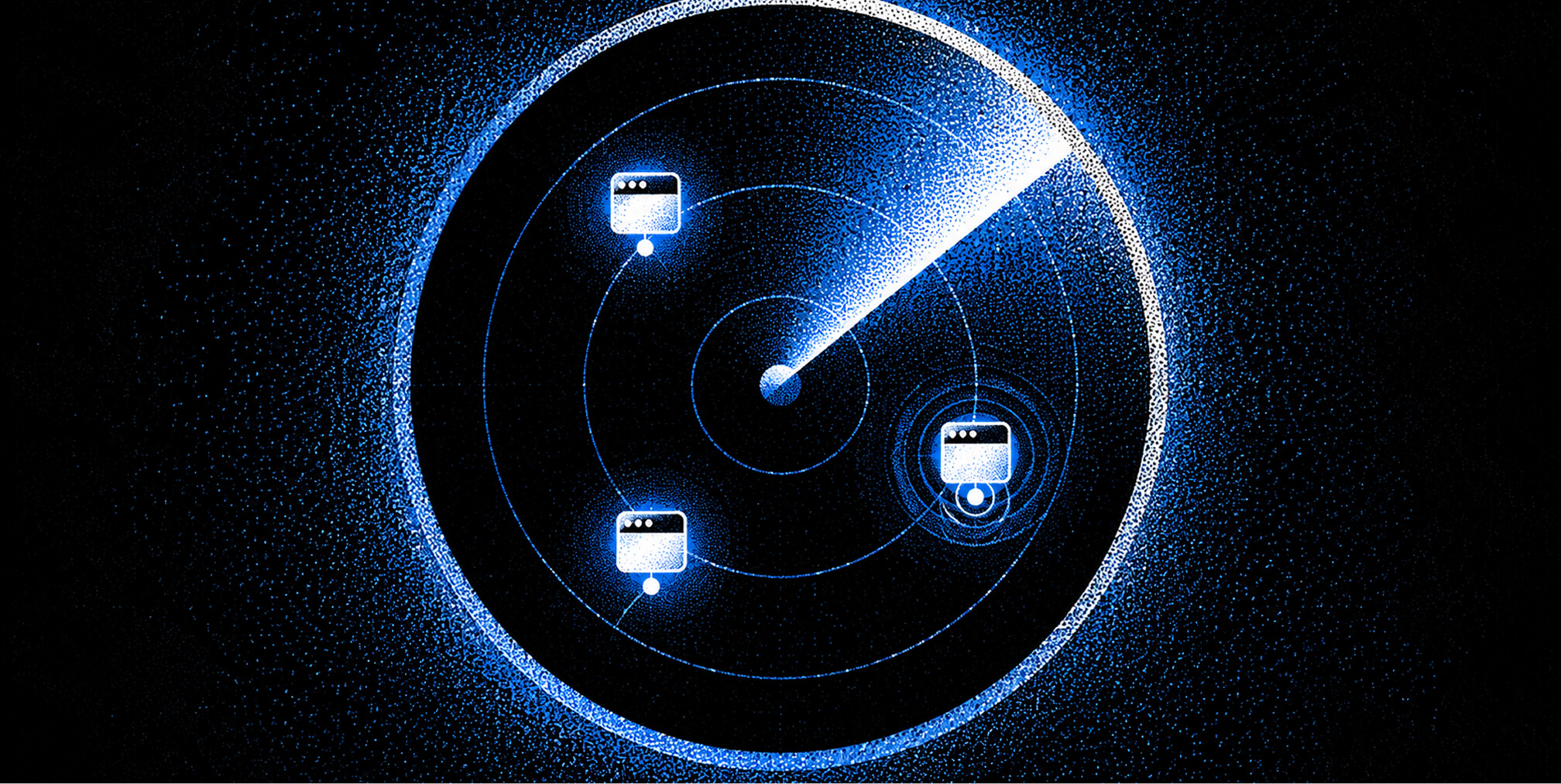 Radar scanning multiple website icons and highlighting one page, representing technical SEO auditing, crawling, and issue detection.