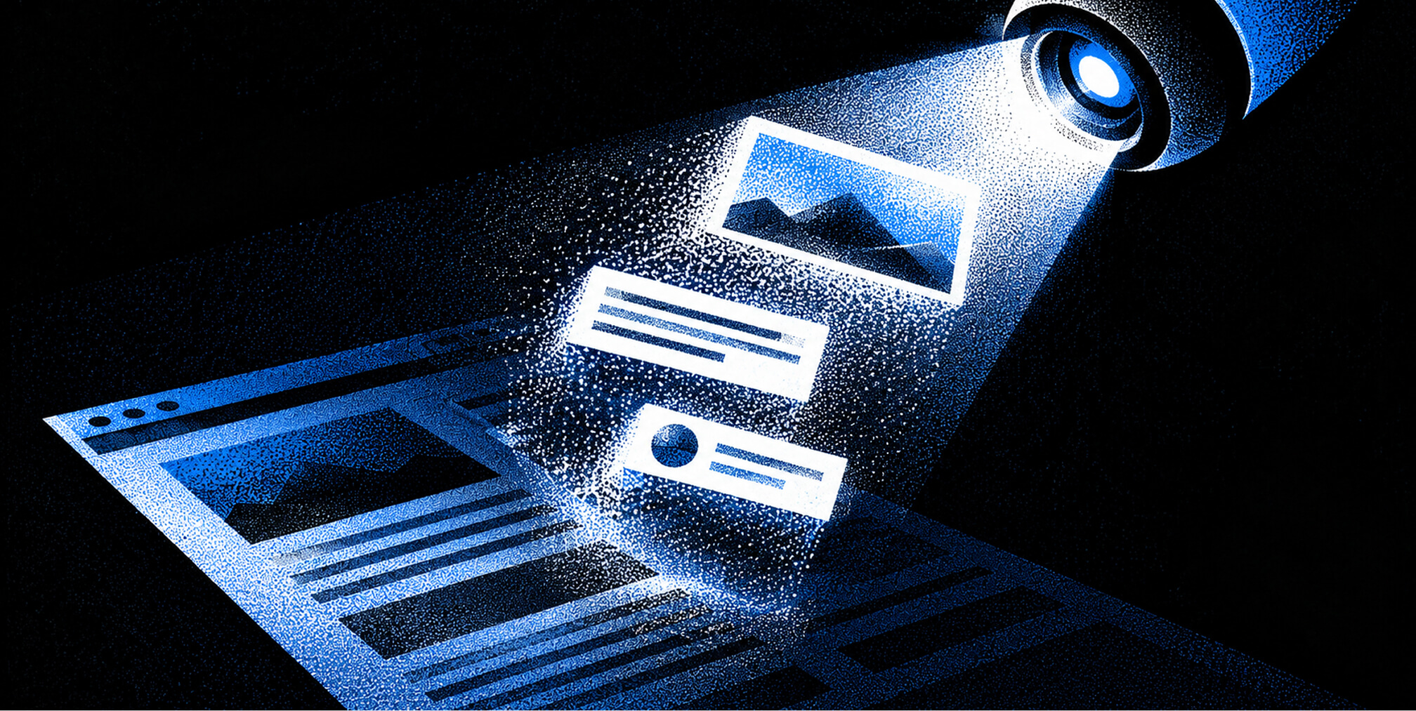 Spotlight scanning webpage content including images, text, and profile elements, representing how search engines crawl and analyze website content.