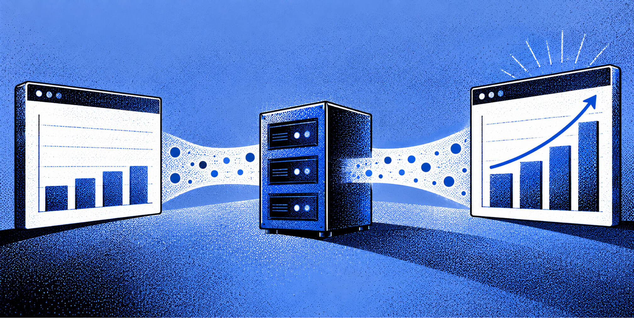 Central server transferring website data between two analytics dashboards, representing server-side tracking and improved data collection.