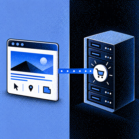 Ecommerce website connected directly to a server with a shopping cart symbol, representing server-side tracking for online purchases and customer actions.