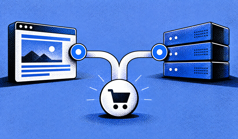 Website and server connected through a central shopping cart icon, representing ecommerce events being processed through server-side tracking.
