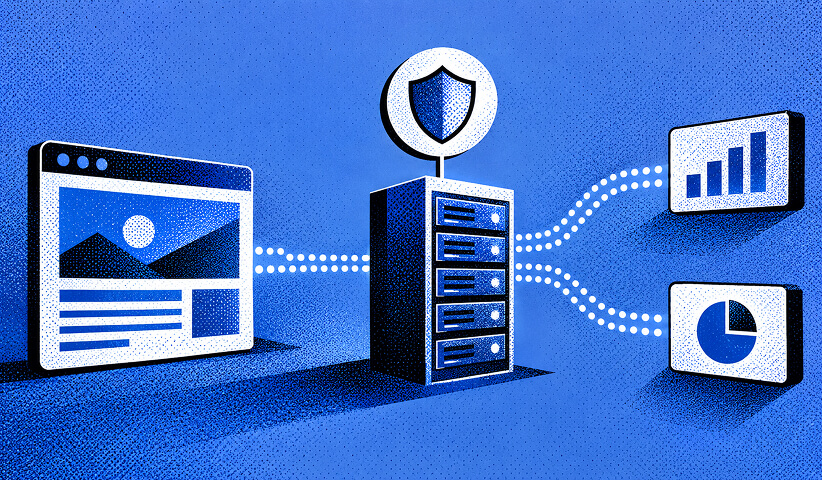 Website data passing through a protected server before reaching analytics dashboards, representing secure server-side data collection and reporting.