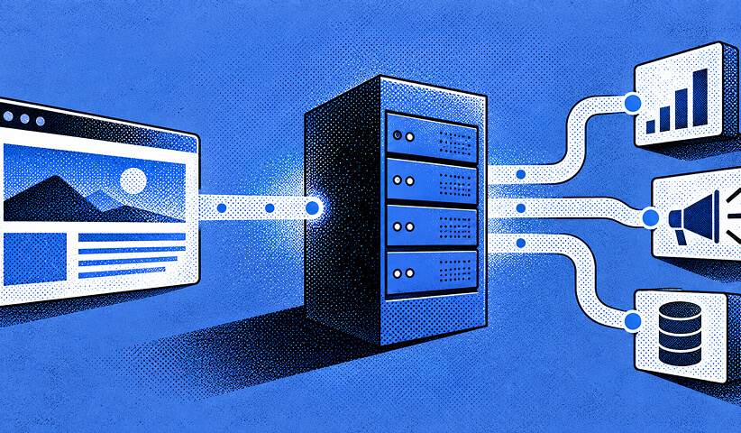 Website data routed through a central server to analytics, advertising, and database platforms, representing server-side tracking integrations.