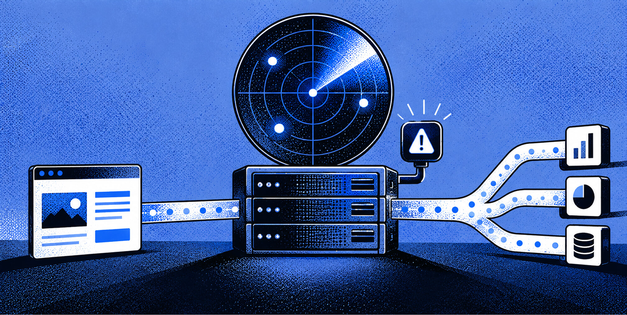 Server-side tracking system monitoring website data with a radar and alert indicator before distributing information to analytics and database tools.