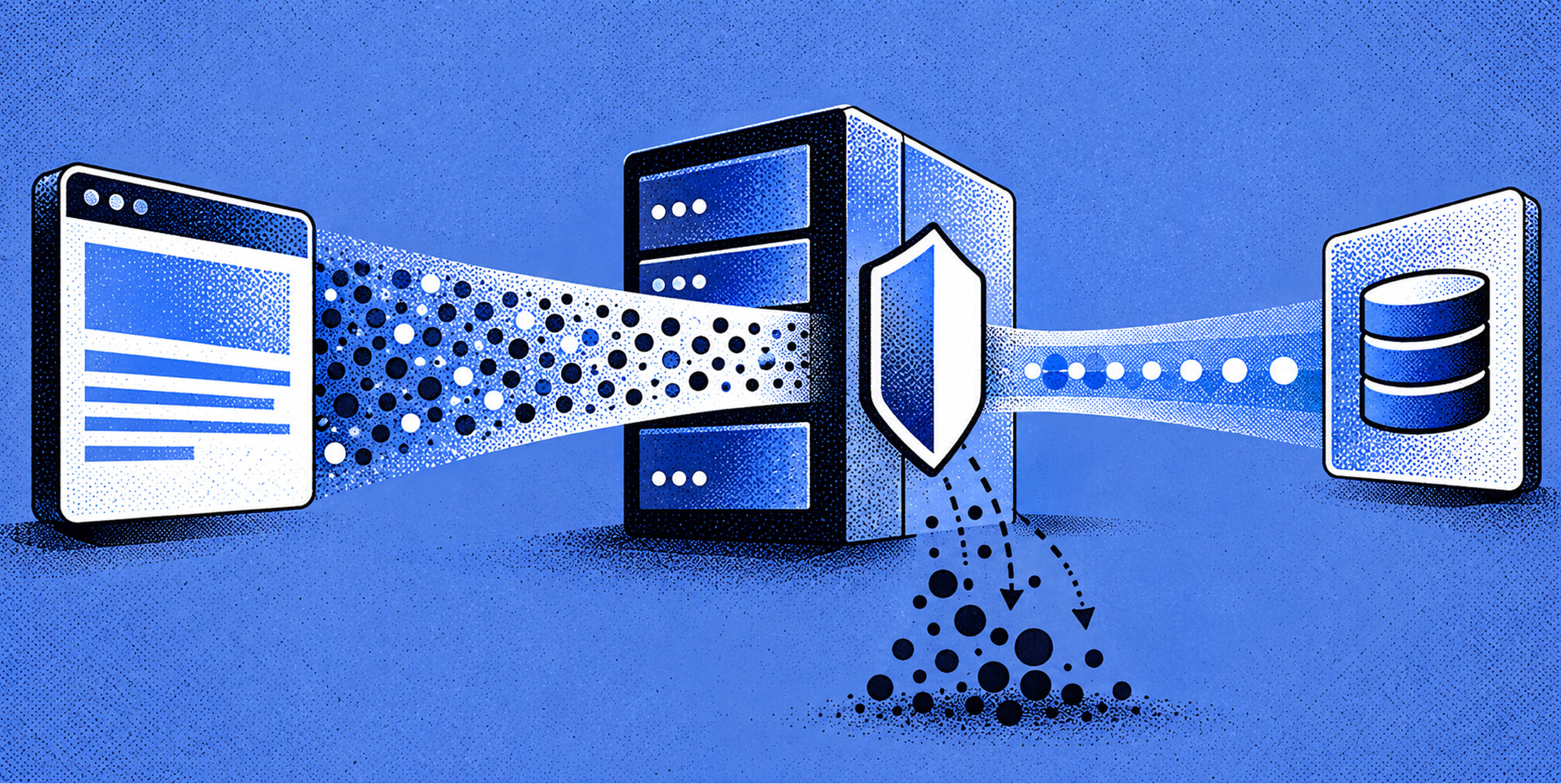 Website data passing through a protected server that filters unwanted information before sending clean data to a database.