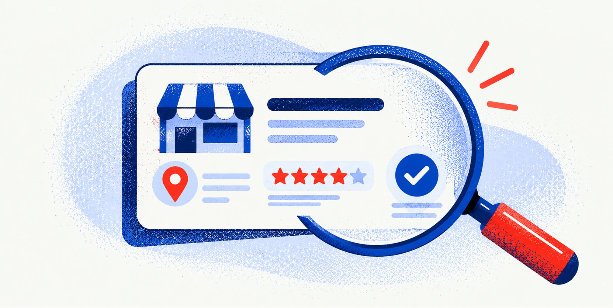 Editorial illustration of a Google Business Profile being inspected for verification, reviews, and business information.