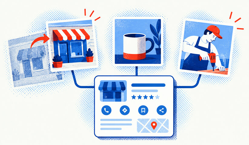 Google Business Profile media audit showing updated storefront, product, and business photos.