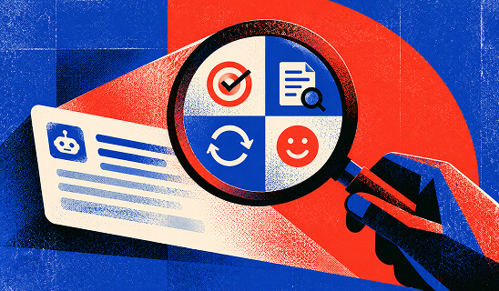 Human review inspecting an AI answer for accuracy, supporting evidence, content reuse, and sentiment.