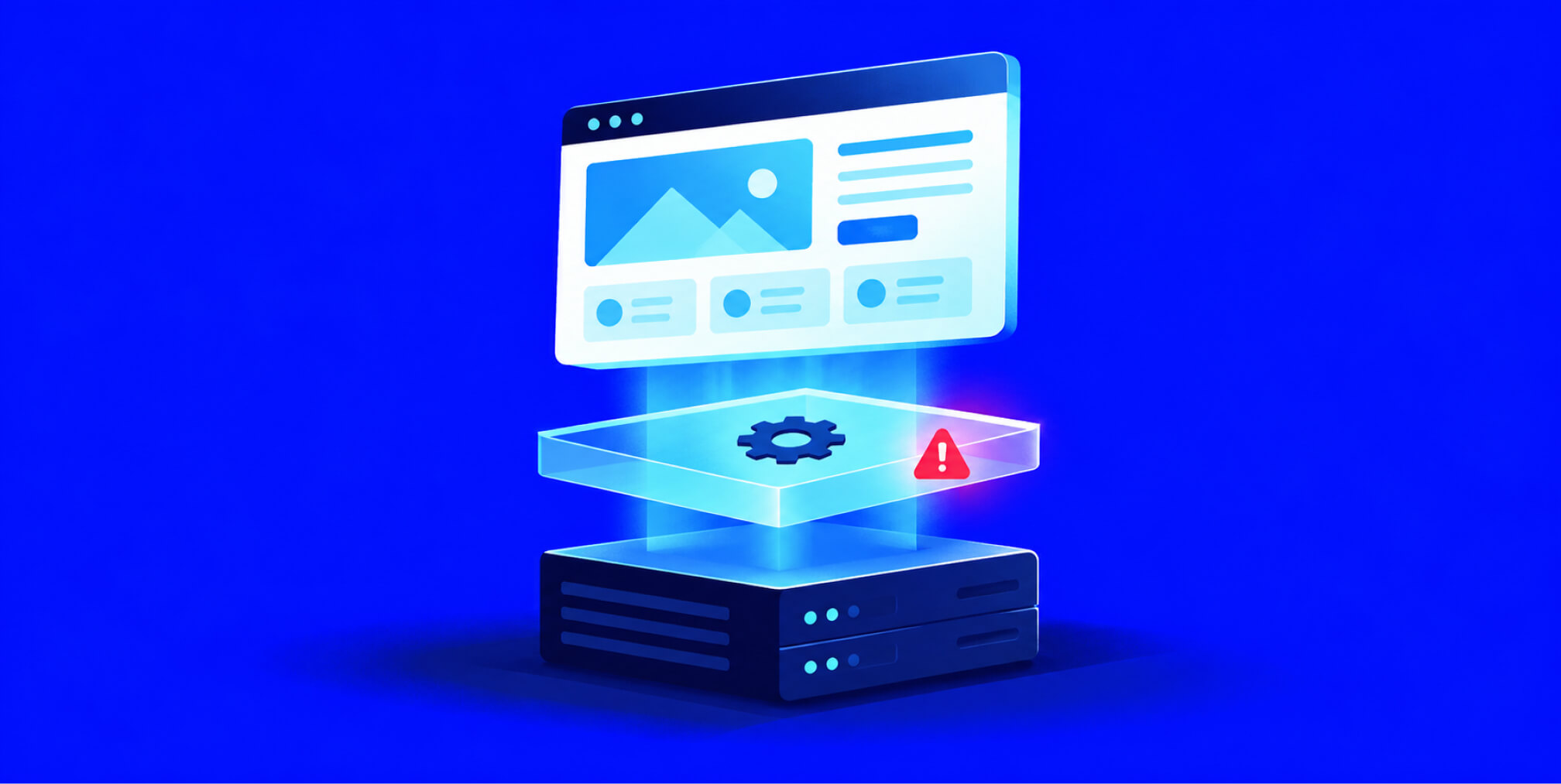 WordPress website layered above a PHP runtime and hosting server with a security warning below the surface.