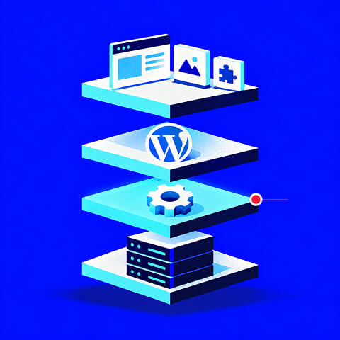 Four website technology layers with the PHP runtime highlighted beneath WordPress.