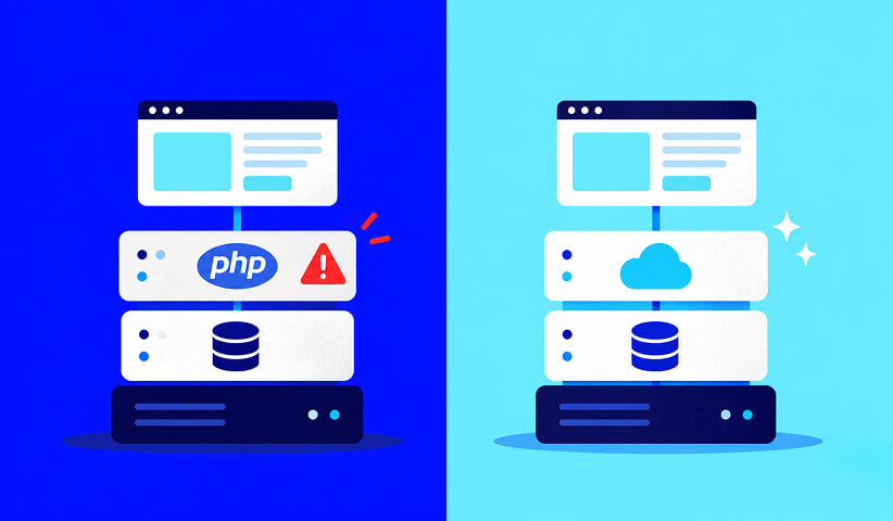 PHP-based website stack compared with a managed website platform that does not rely on PHP.