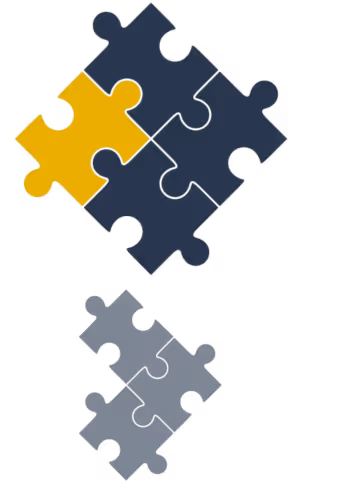 Two sets of interconnected jigsaw puzzle pieces, one yellow piece among dark blue pieces in the upper set, and all dark blue pieces in the lower set.