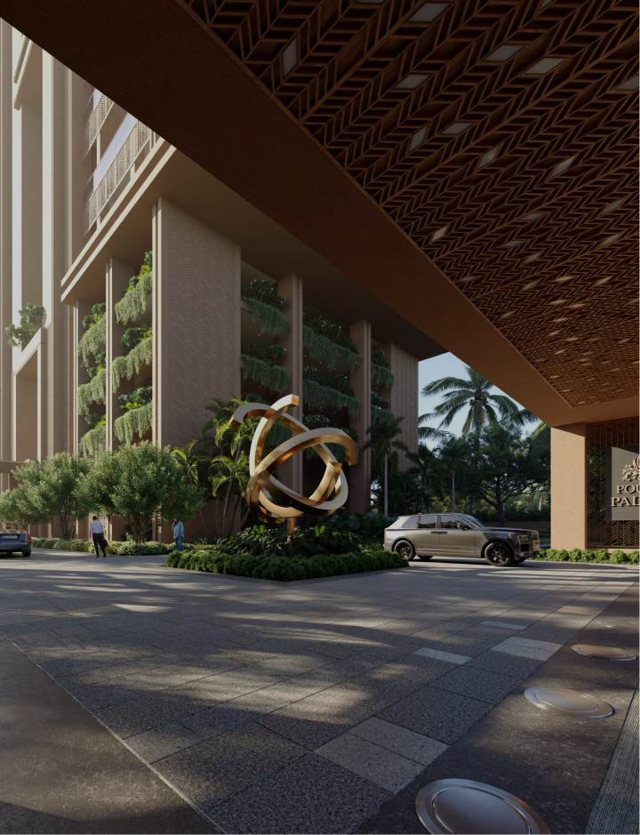 Modern building entrance with vertical garden, abstract metal sculpture, luxury car, and pedestrians under patterned canopy.