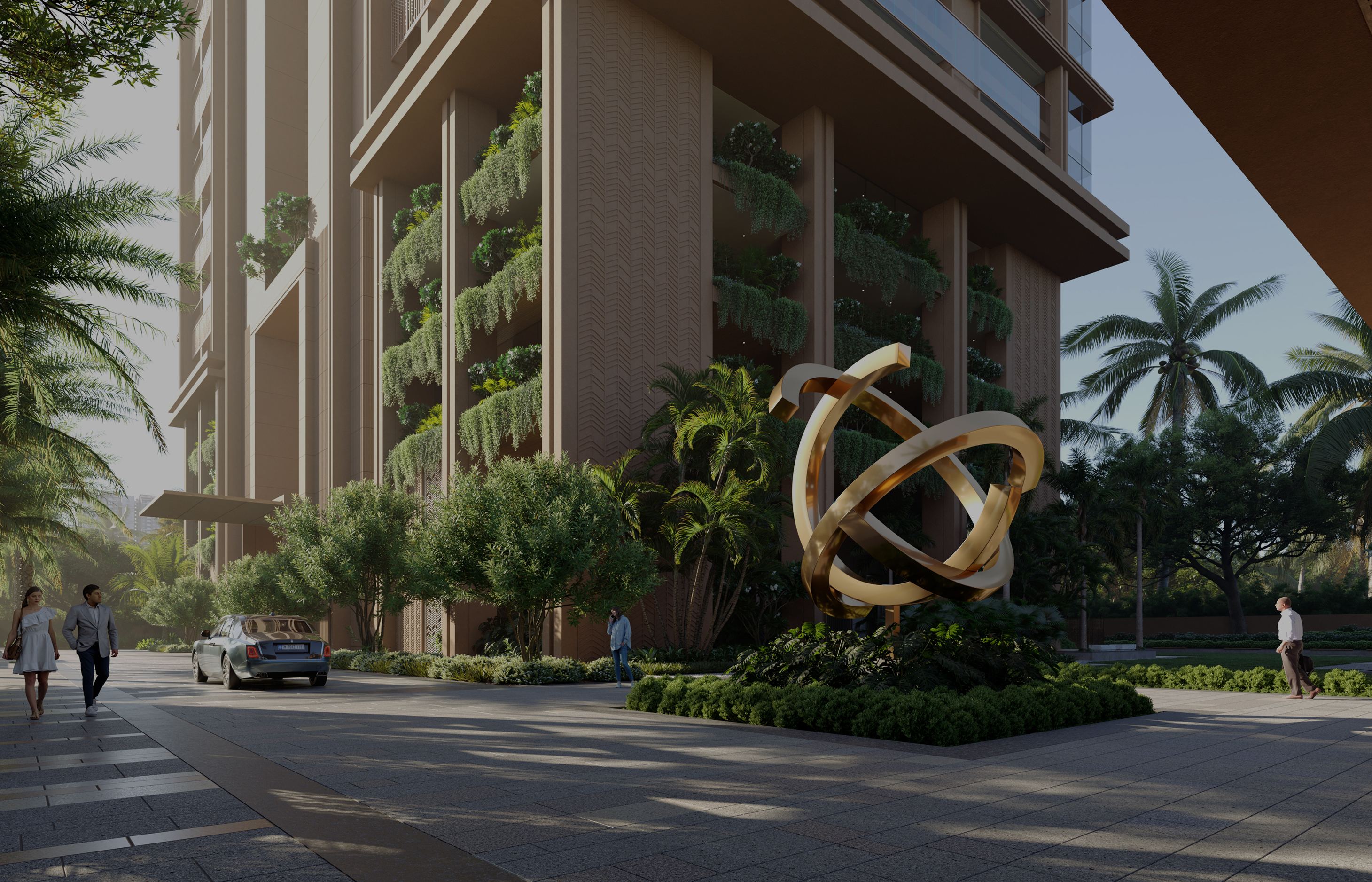 Modern building with vertical gardens and a golden abstract sculpture surrounded by greenery and palm trees.