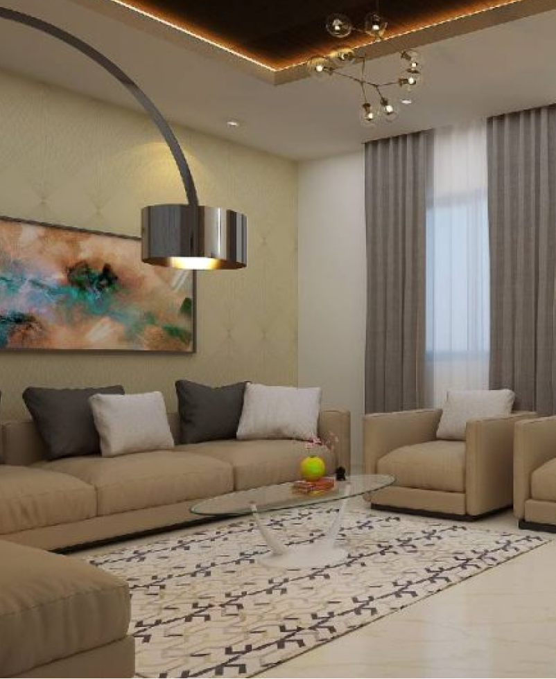 Modern living room with beige sofas and armchairs, a glass coffee table on a patterned rug, abstract wall art, and floor lamp.