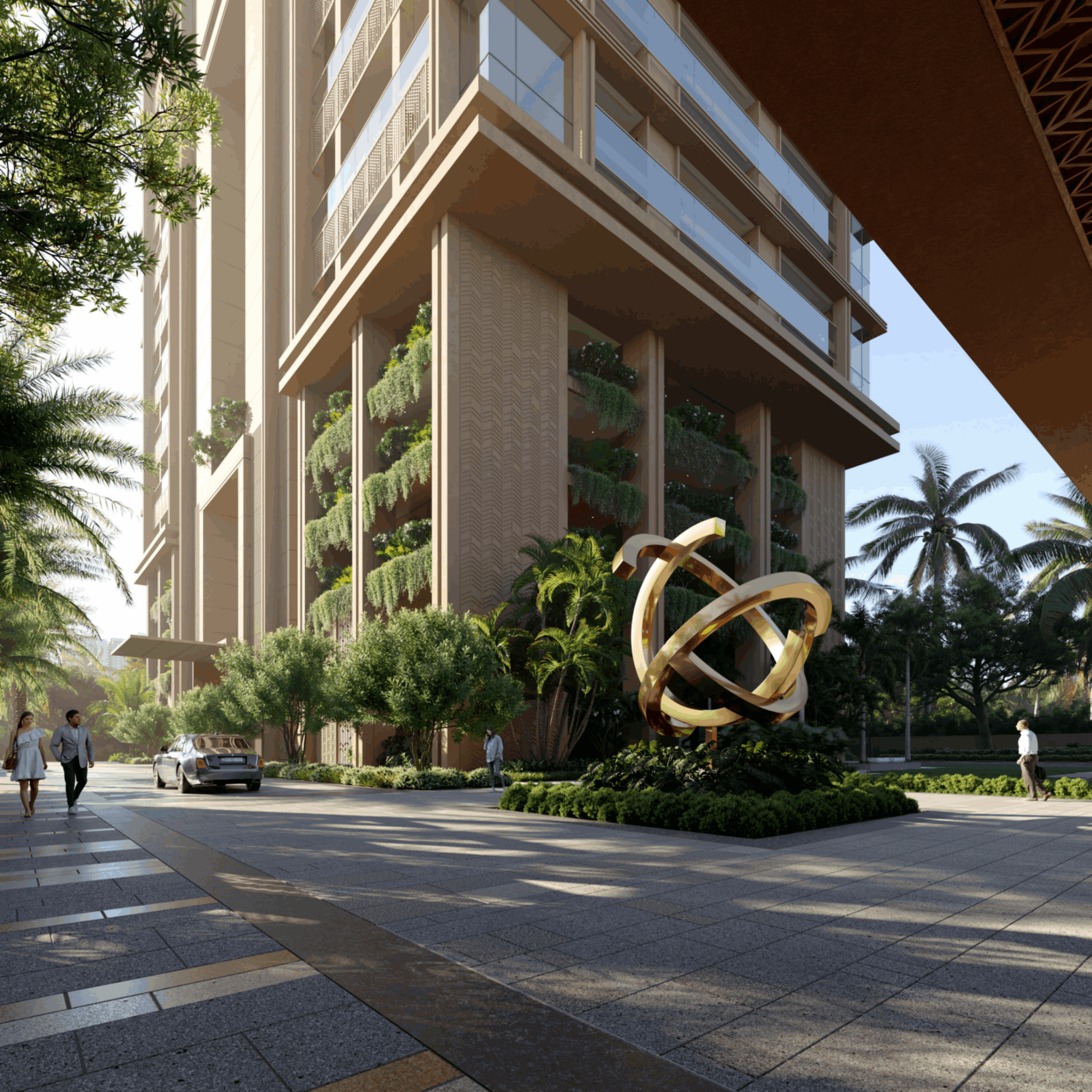 Modern building with vertical gardens and a golden abstract sculpture in front, surrounded by palm trees and pedestrians.