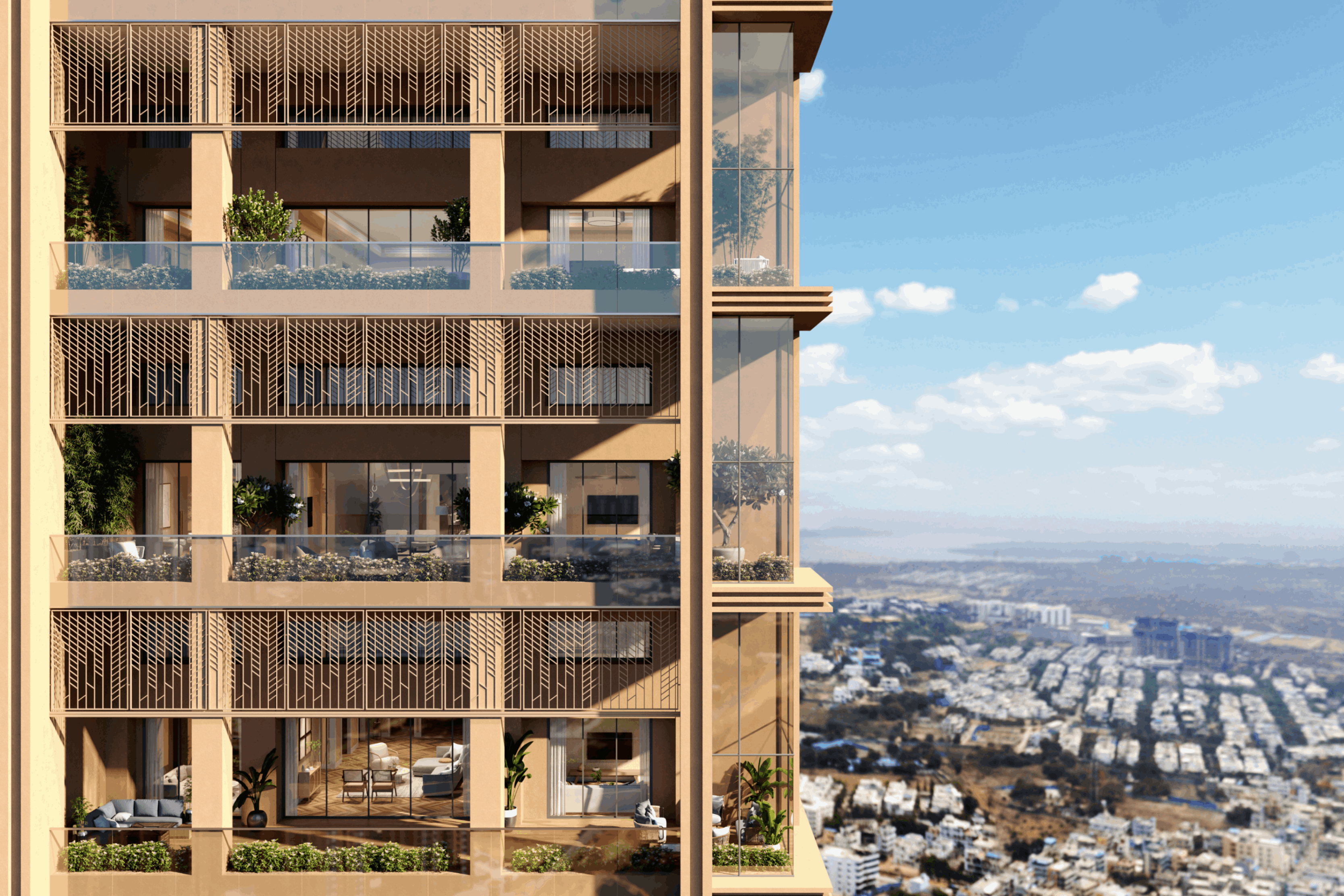 Exterior view of a modern high-rise building with balconies featuring plants and glass railings, overlooking a cityscape under a blue sky with clouds.
