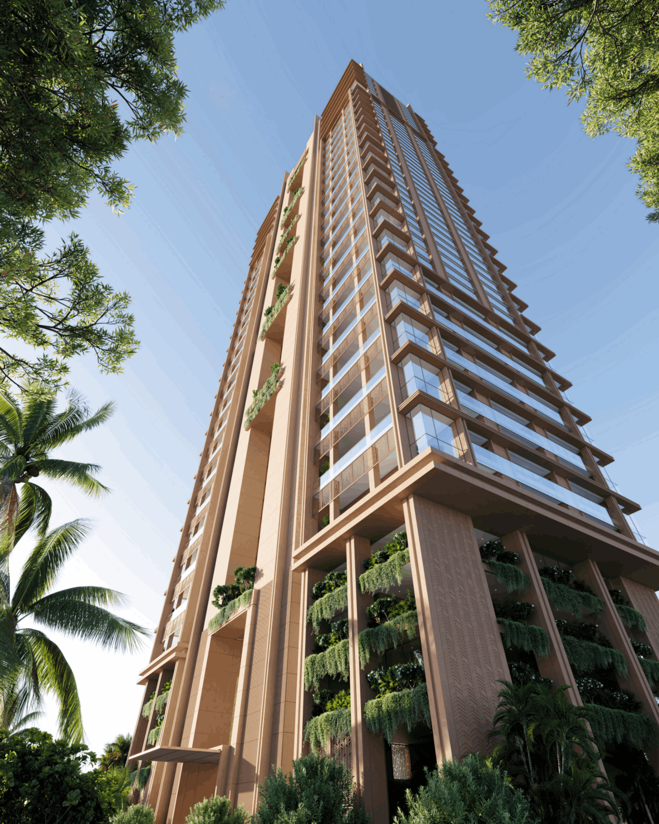 Tall modern building with large windows and vertical greenery, surrounded by trees under a clear blue sky.
