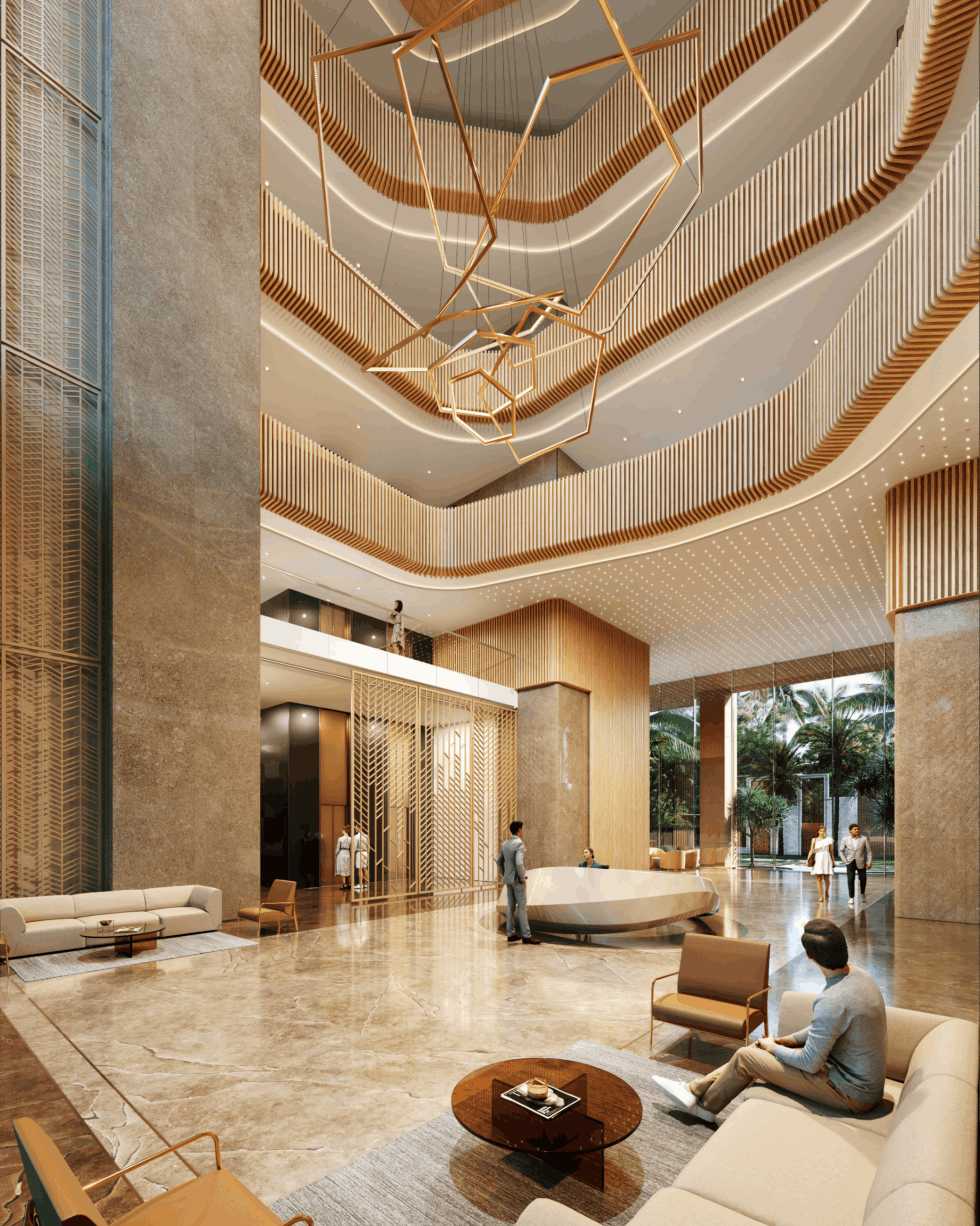 Spacious modern hotel lobby with marble floors, wooden accents, abstract geometric chandelier, and people at reception and seating areas.