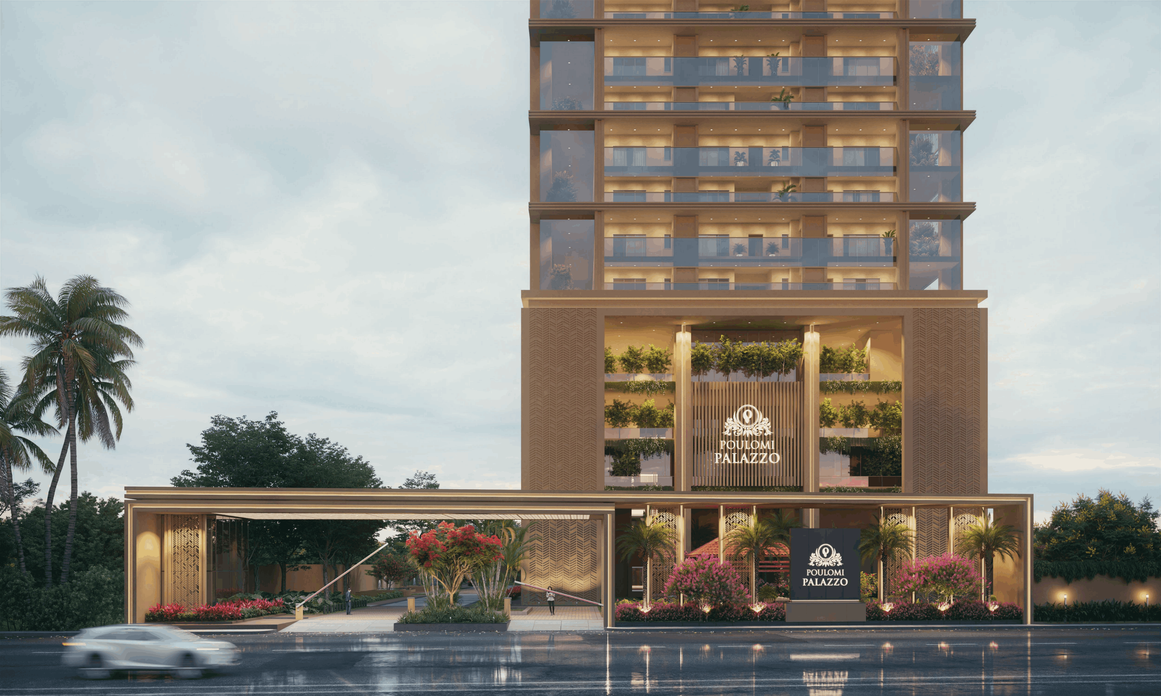 Modern multi-story residential building with illuminated balconies, lush greenery, and a grand entrance labeled Poulomi Palazzo, seen from the street with a blurred white car passing by.