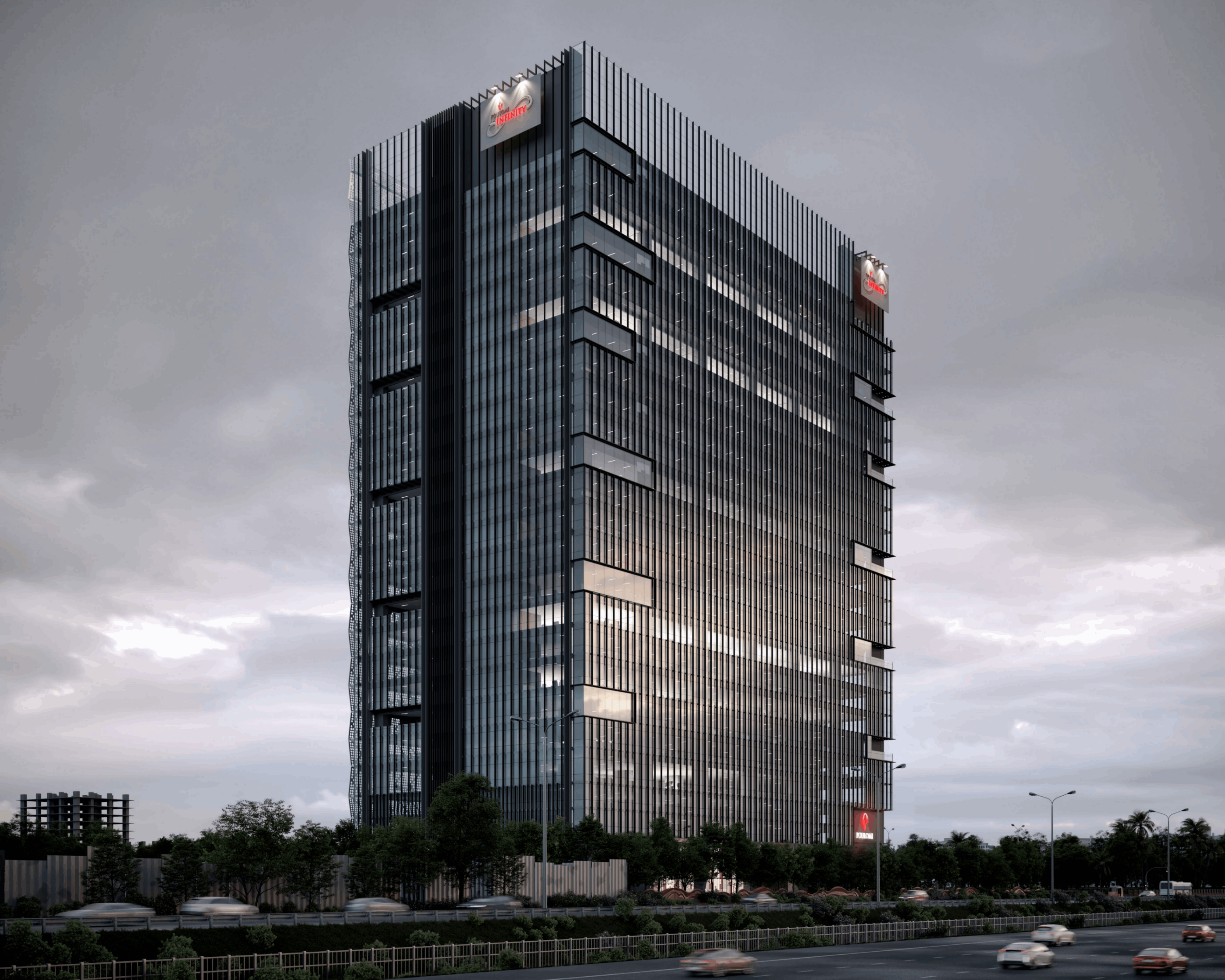 Modern glass office building with vertical black window frames under a cloudy sky, surrounded by trees and a busy highway.