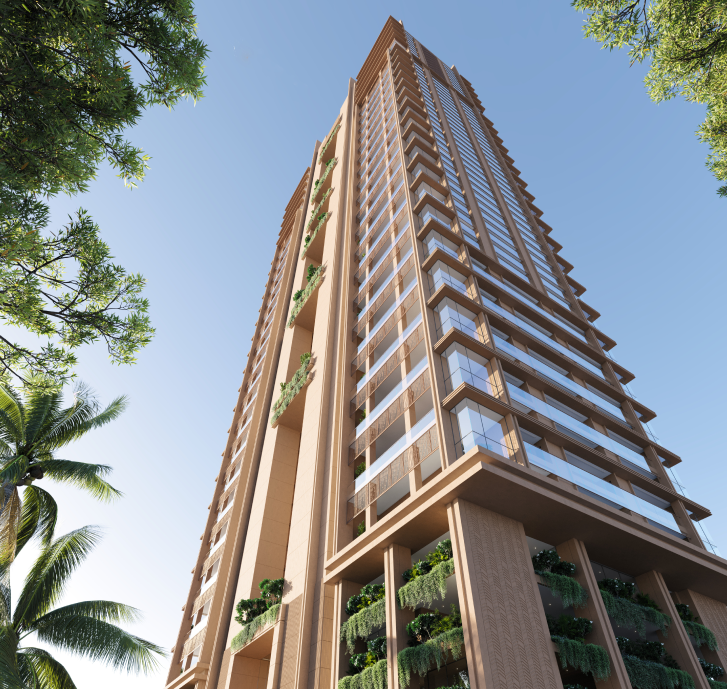 Low-angle view of a modern tall building with glass windows and vertical green plants under a clear blue sky.