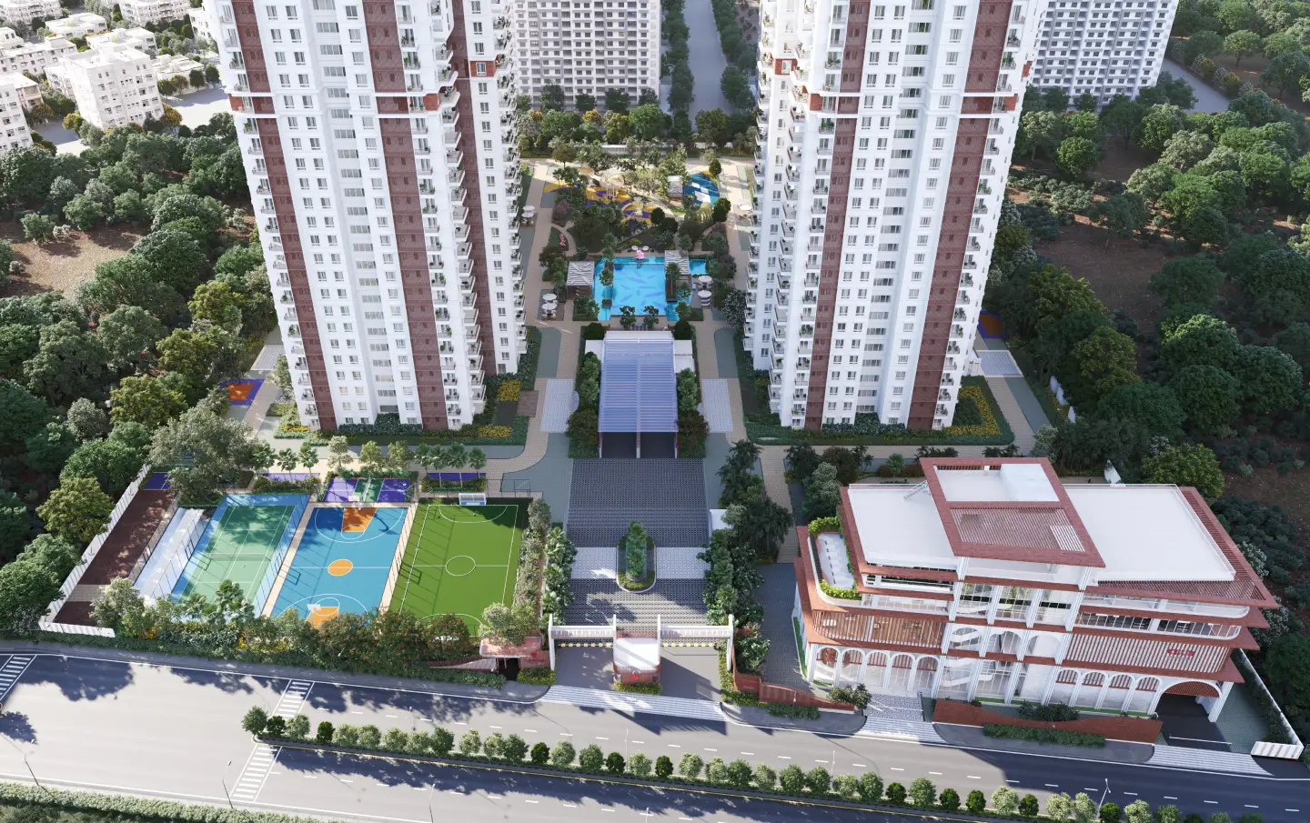 Aerial view of a residential complex featuring two tall apartment buildings, outdoor swimming pool, sports courts, green spaces, and a multi-story clubhouse.