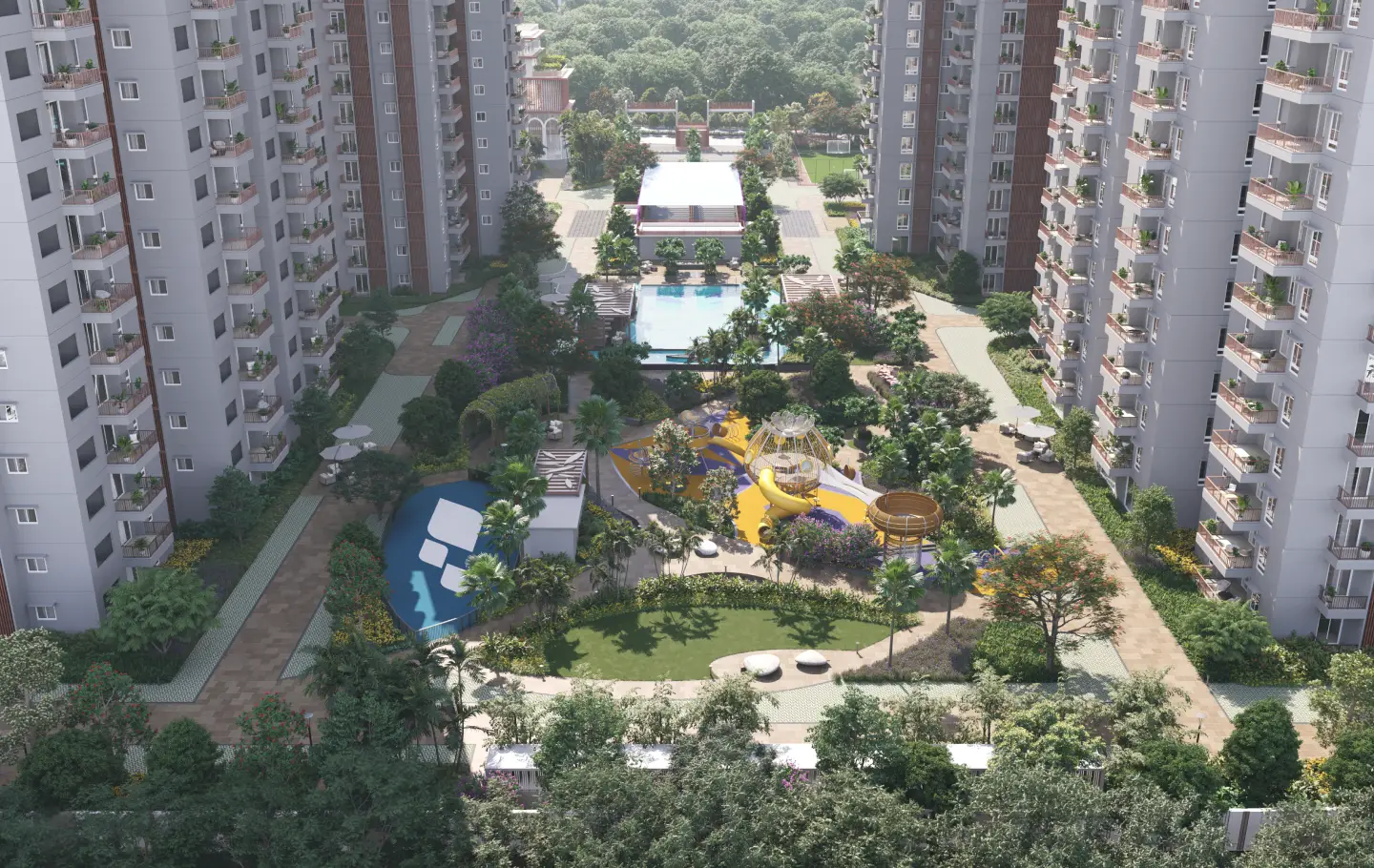 Aerial view of a modern residential complex with high-rise buildings surrounding landscaped gardens, a playground with colorful slides, a swimming pool, and paved walkways.