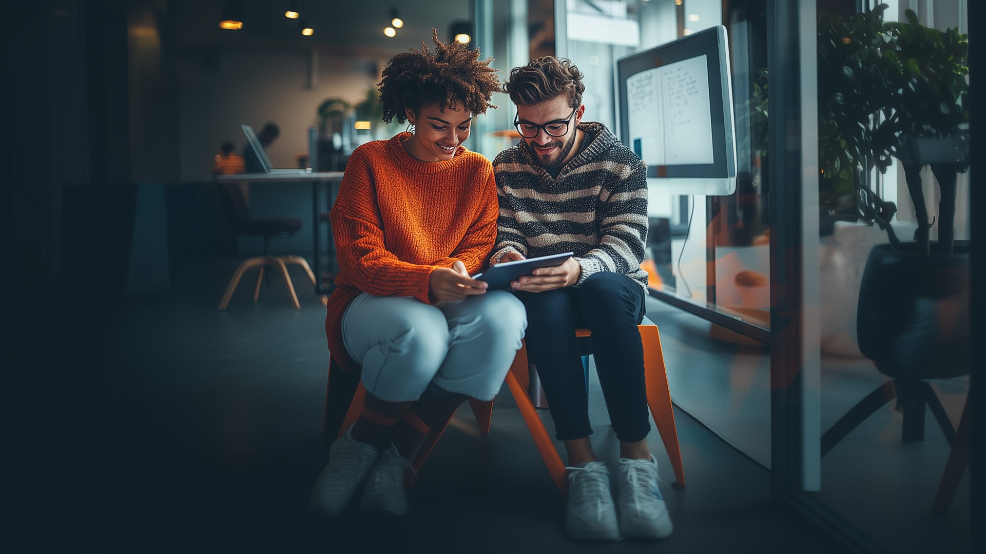 Ein Frau und ein Mann schauen auf ein iPad