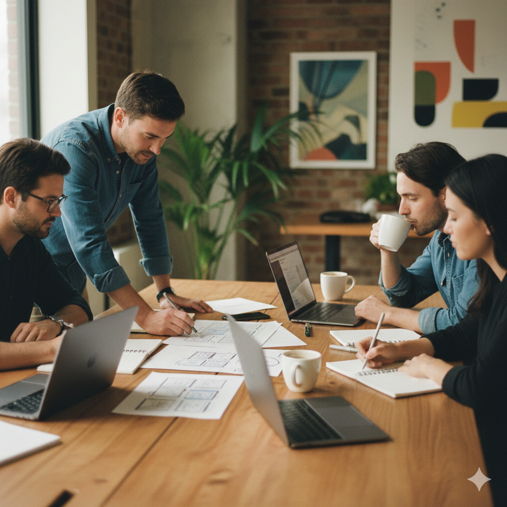 Vier junge Erwachsene besprechen Pläne und entwerfen Diagramme in einem modernen Büro mit Laptops und Kaffeetassen.