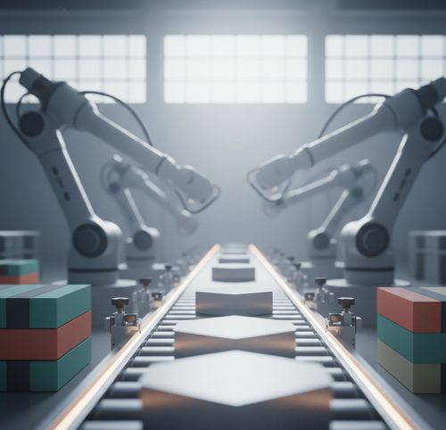 Industrielle Roboterarme arbeiten an einer Montagebandlinie in einem modernen, hell beleuchteten Fabrikraum.